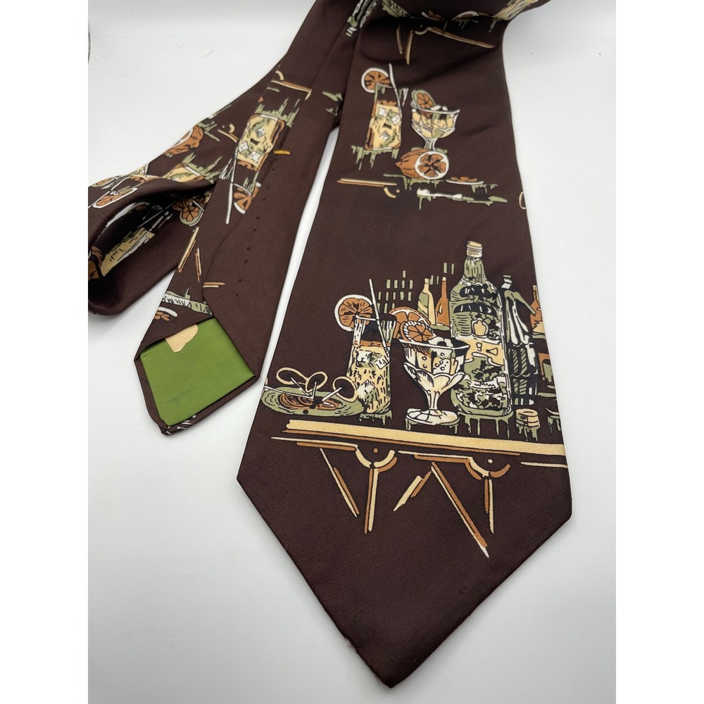 Vintage Wembley Brown Cocktail Barware Print Tie Retro Mid Century Modern 4 Inch